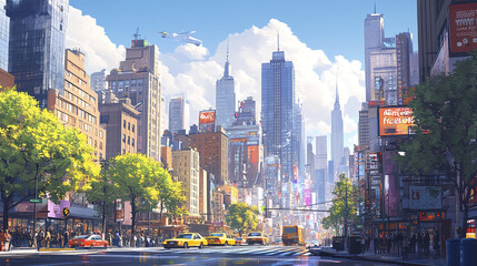 vibrant cityscape featuring tall skyscrapers, bustling streets, and bright billboards