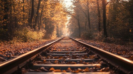 Fototapeta premium A set of railroad tracks running through a forest, with autumn leaves scattered along the path, bathed in warm sunlight