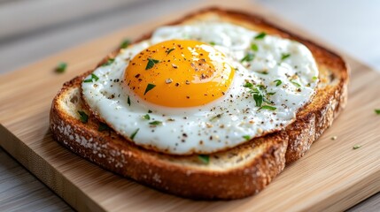 A beautifully cooked sunny side up egg resting on a crispy slice of toasted bread, showcasing a simple yet delicious breakfast option that brings joy and energy.