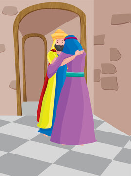 The Plot Thickens &ndash; Emotional biblical reunion scene showing King David embracing Absalom in forgiveness, depicted in bright, cartoon-style illustration.