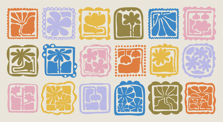 Matisse curves aestethic. Groovy abstract flower art set. Organic floral doodle shapes in trendy naive retro hippie 60s 70s style. Botanic vector illustration in pink, yellow, green colors. © Lapalovee