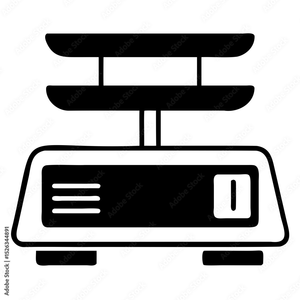 Poster illustration of a digital kitchen scale with a display showing the number one on transparent backgro