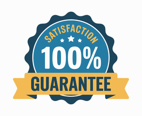 100 Percent Satisfaction Guarantee Badge with Stars Ribbon and Decorative Border Representing Quality Assurance Customer Satisfaction and Trustworthiness in Business and Services