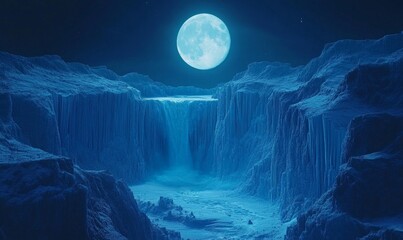 Fototapeta premium dramatic canyon where explorers discover glowing crystals embedded in the cliff walls under the light of a rising moon, Generative AI