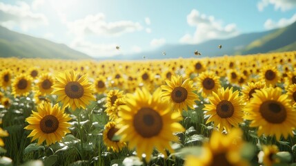 Obraz premium serene sunflower field stretching to the horizon under a clear blue sky with bees buzzing among the flowers, Generative AI