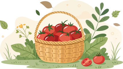 Red Tomato in basket vector design, Tomato Illustration vector design, Tomatoes in basket in natural background