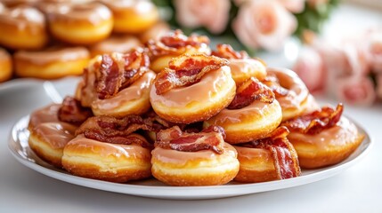 A mouthwatering arrangement of maple bacon donuts captures the fusion of savory and sweet, inviting you to indulge in this playful culinary creation.