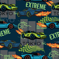 Abstract seamless pattern with sport cars .Bright background with grunge elements for textiles, children's clothes, prints. Pattern for boys