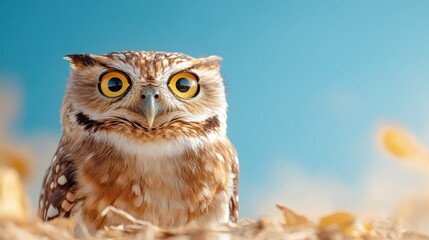 Fototapeta premium A close-up of an owl with bright yellow eyes, perched against a clear blue sky, showcasing the bird's intense gaze and unique features, evoking curiosity and wonder.