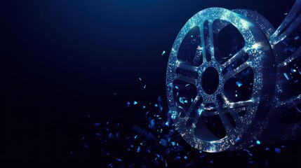 Glowing film reel, digital particles, dark background, movie production, cinematic poster