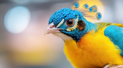 Obraz premium A stunning close-up of an exotic bird showcasing its vibrant blue and yellow feathers, reflecting the beauty of nature and the allure of wildlife in a blurred background.