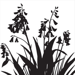 Isekai anime inspired vector art. Black and white silhouettes of Virginia bluebells create an expressive and elegant composition against a white backdrop.