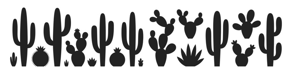 Fototapeta premium Collection of assorted cactus plant silhouettes including saguaro, prickly pear and agave, vector illustration. Desert-themed black icons showcasing various succulent shapes and botanical forms.
