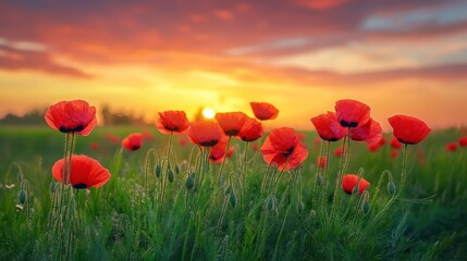 Fototapeta premium Sunset poppies field summer nature landscape postcard
