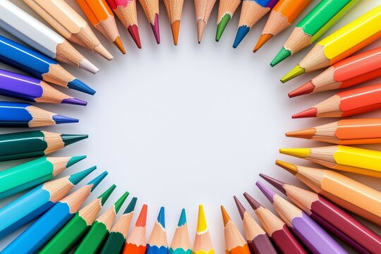 Colorful pencils arranged in circle formation on white background. - Powered by Adobe
