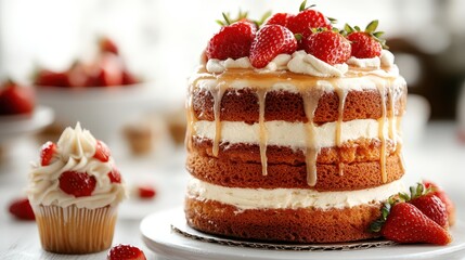 This visually appealing layer cake adorned with strawberries and cream showcases the art of baking, perfect for celebrations or indulgent moments in culinary photography.
