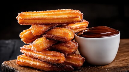 A tempting stack of golden churros dusted with sugar, served with a rich chocolate dipping sauce, perfect for satisfying your sweet cravings.