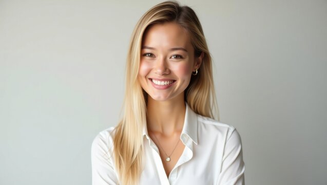 Una mujer joven con cabello rubio lacio y blusa blanca sonr&iacute;e c&aacute;lidamente, retrato profesional para marca empresarial