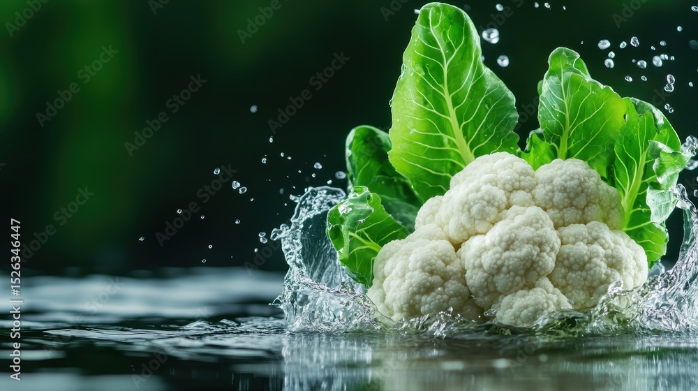 Poster a vibrant cauliflower splashes into clear water, creating dynamic splashes and droplets, representin