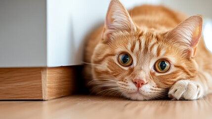This charming image captures an inquisitive ginger cat resting peacefully on the floor, embodying warmth, comfort, and the playful spirit of pet companionship in a cozy home setting.