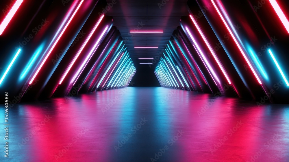 Poster this striking image illustrates a futuristic corridor illuminated with vibrant neon lights, creating