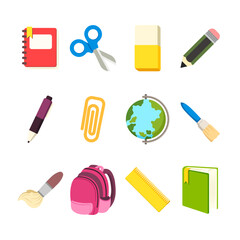Colorful school supplies icons set for educational projects