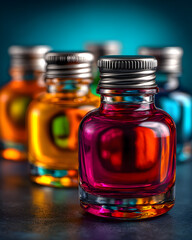 close-up of colorful glass bottles with metallic caps