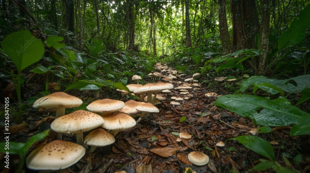 Poster a wide-angle view of a forest floor covered with various types of wild mushrooms, surrounded by lush