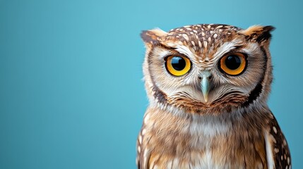 Obraz premium A stunning close-up of a wise owl featuring expressive big eyes, perched against a textured blue backdrop, conveying an air of wisdom and beauty in nature.