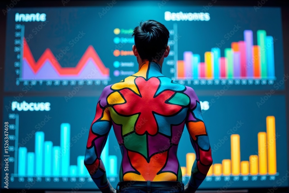 Poster colorful body painting: symbolizing key performance indicators in front of interactive analytics das