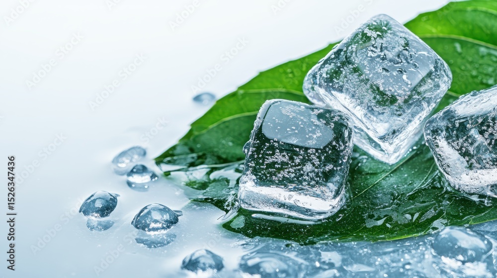 Aufkleber shimmering ice cubes resting on a fresh green leaf, surrounded by droplets of water, creating a stun