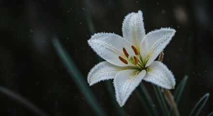 A Delicate White Lily Covered in Ice and Snow Crystals