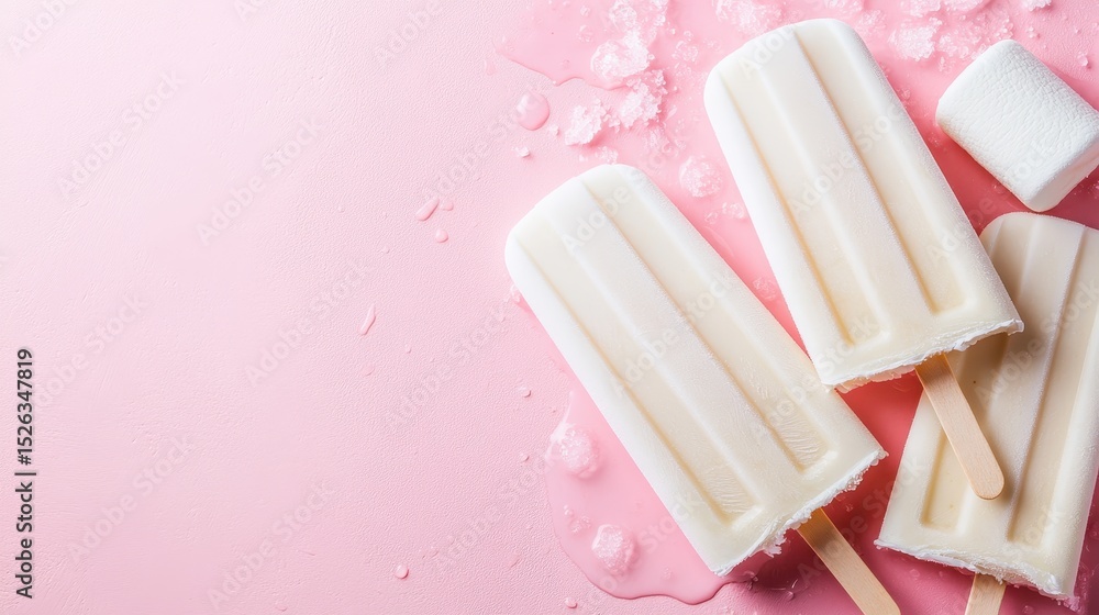 Poster this image features three creamy popsicles arranged on a pink surface, with melted ice adding a refr