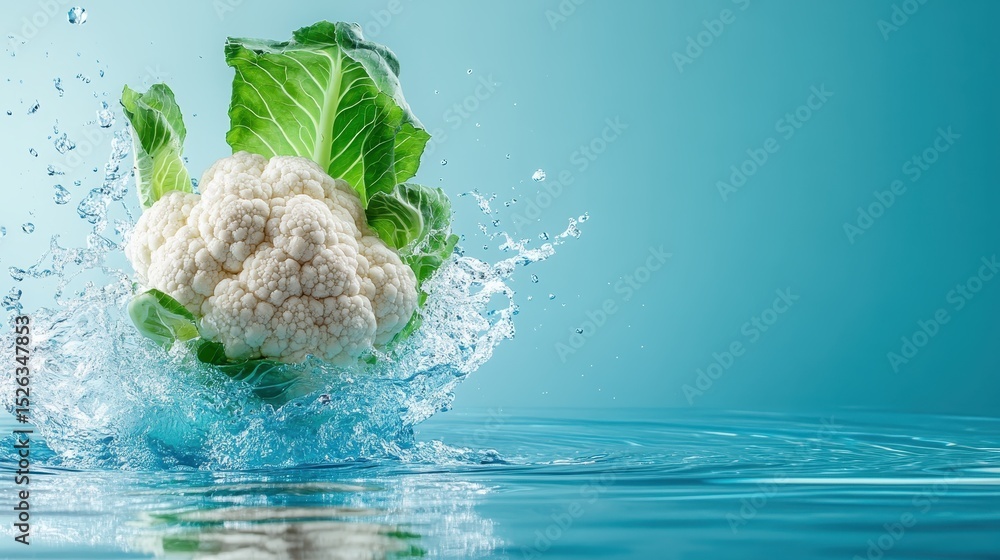 Poster a stunning image of a cauliflower head splashing into clear water, emphasizing its crisp texture and
