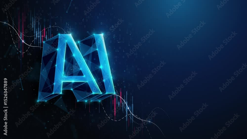 Poster lowpoly ai over stock market crash chart. animation loop depicting decline in artificial intelligenc