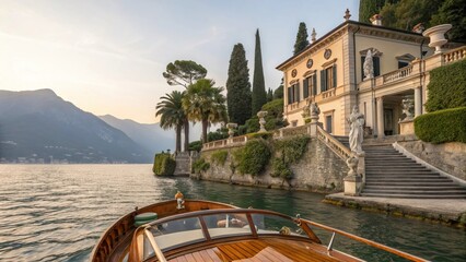 Serene Lakeside Villa: An exquisite lakeside villa exudes timeless elegance under a tranquil sky, reflecting the essence of luxury and serenity with a motorboat view.
