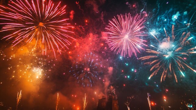 Fireworks exploding above a historic landmark during a celebration, lighting up the night sky with bright reds, greens, and blues