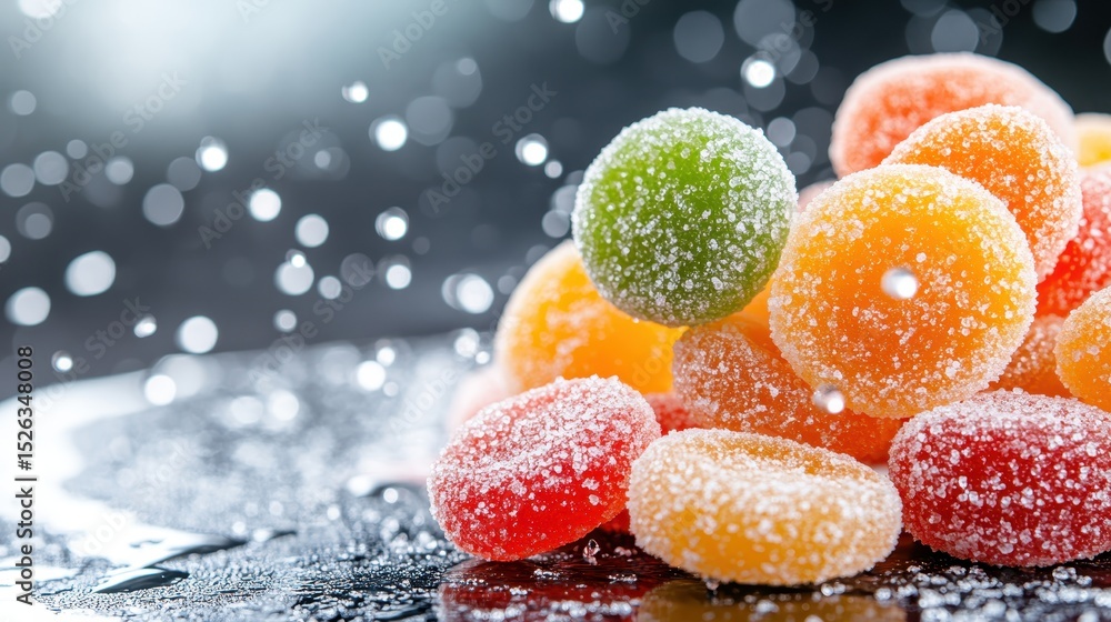 Poster a vibrant display of assorted chewy candies coated in sparkling sugar, capturing a sense of fun and 
