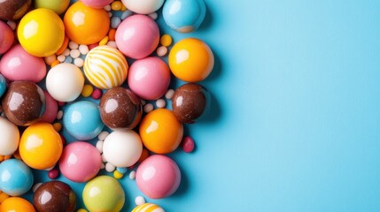 Obraz premium An enticing arrangement of assorted colorful candies scattered on a bright blue surface, capturing the sweet and joyful essence of these delightful treats perfectly.