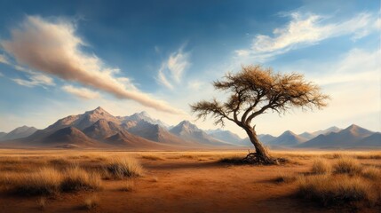 This breathtaking image depicts a solitary tree standing in a vast desert landscape, with majestic mountains in the background, illustrating nature's beauty and solitude.