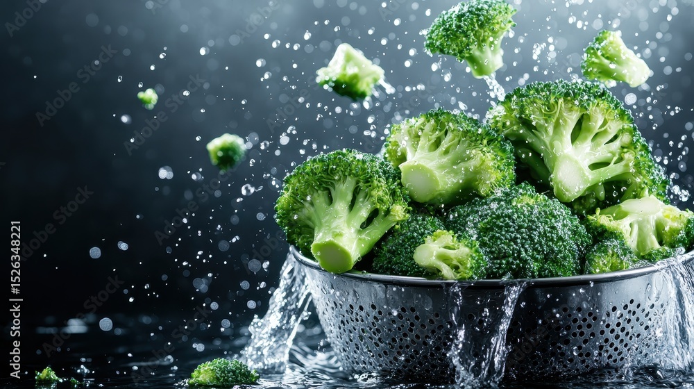 Poster an artistic capture of broccoli in a colander, with water splashing around it, emphasizing the fresh