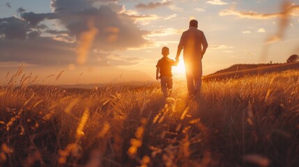 Father and son are walking through the field at sunset. Useful in articles about family values and parenting.