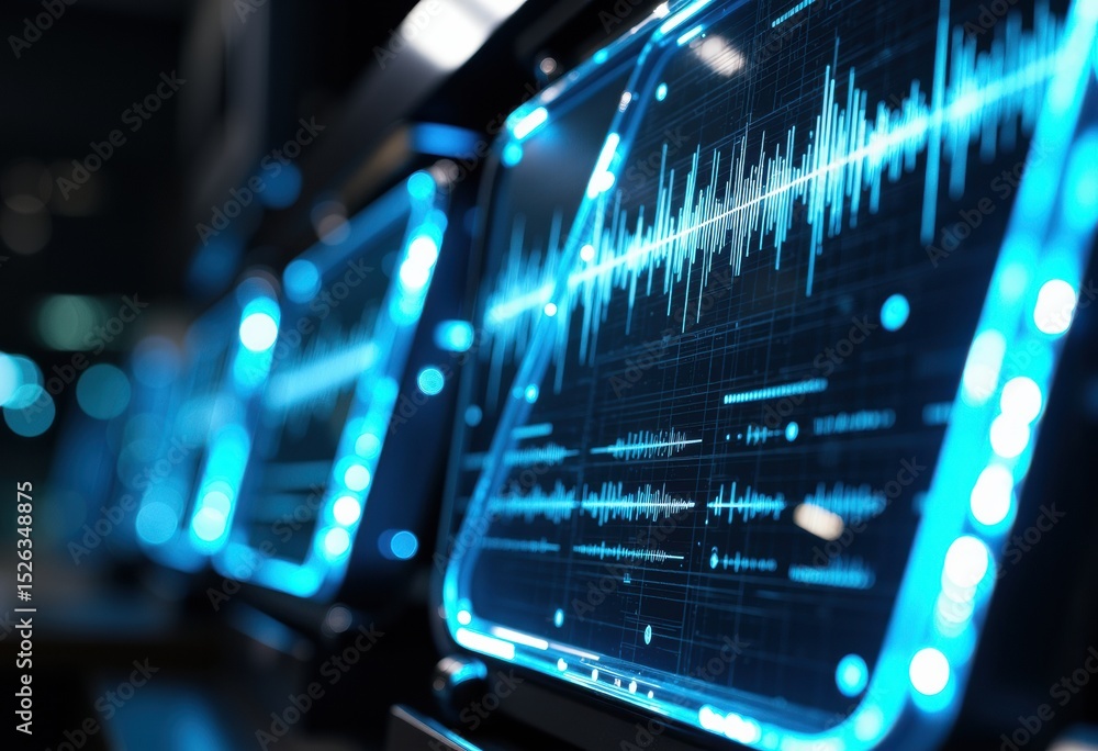 Poster digital audio waveforms displayed on a high-tech screen with vibrant blue lighting