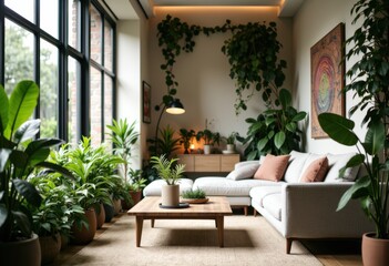 Bright living room with large windows, lush green plants, and cozy seating area