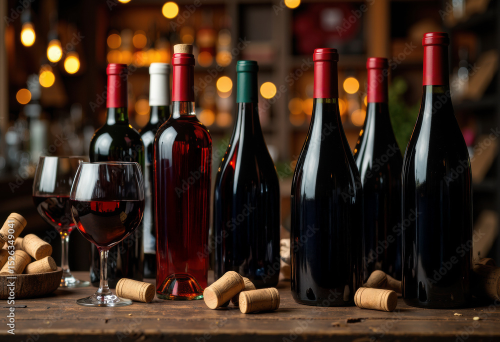 Poster elegant bottles of red wine with a glass and corks on a rustic wooden table in a cozy bar setting