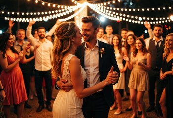 Fototapeta premium A newlywed couple shares a dance at their wedding reception surrounded by friends and family under string lights
