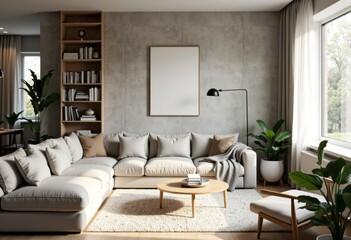 Modern living room with neutral tones, cozy sofa, and natural light from large windows