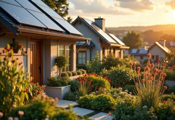 Fototapeta premium Beautiful suburban houses with solar panels and vibrant gardens during sunset