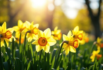 Obraz premium Bright yellow daffodils bloom in sunlight during springtime in a lush garden scene