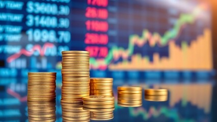 Stacks of Gold Coins with Financial Market Data and Graphs: Illustrating Investment Value, Economic Growth, Stock Exchange, and Wealth Management